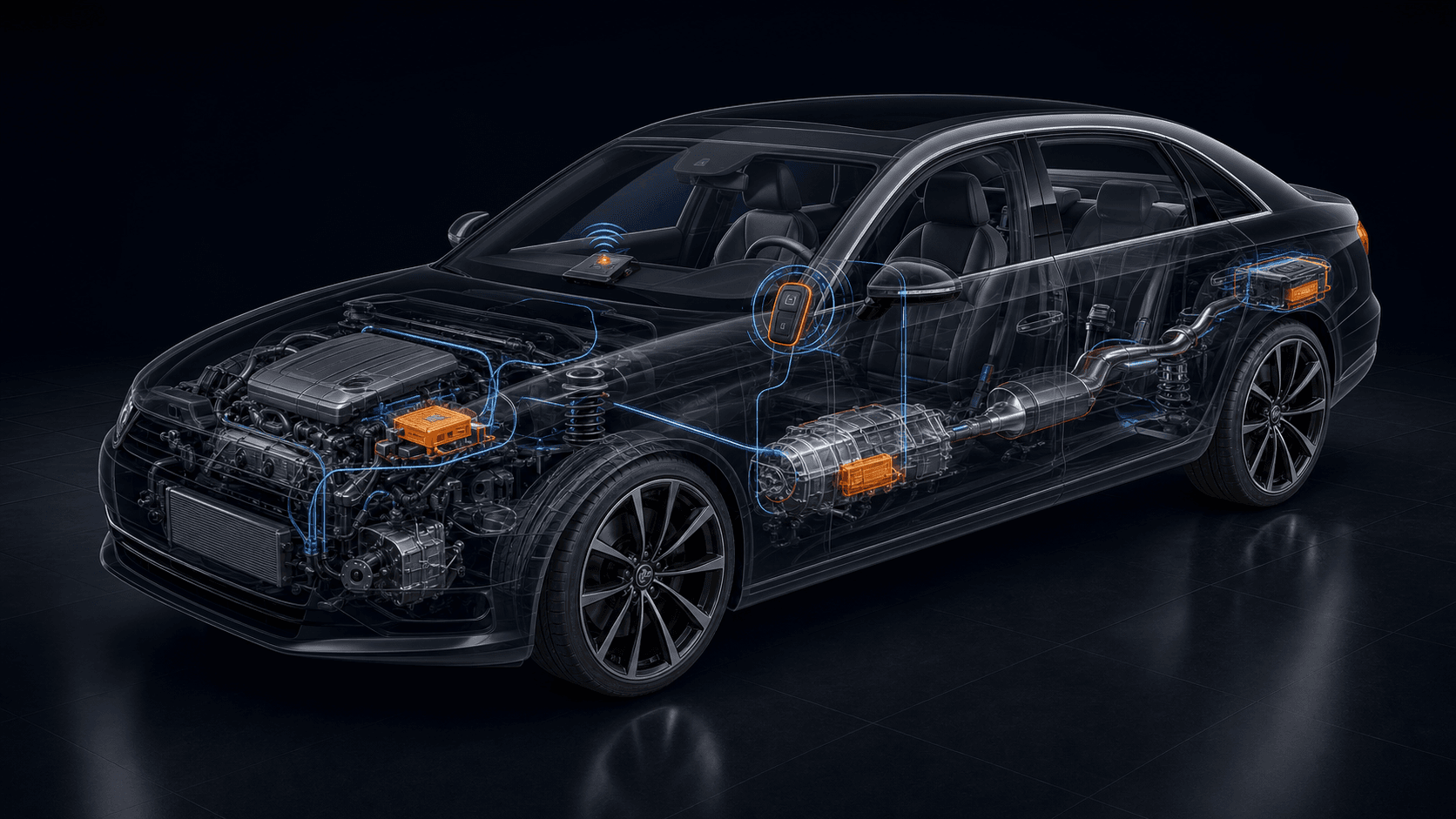 Unbranded cutaway car showing key, ECU, TCU, diagnostics and emissions systems